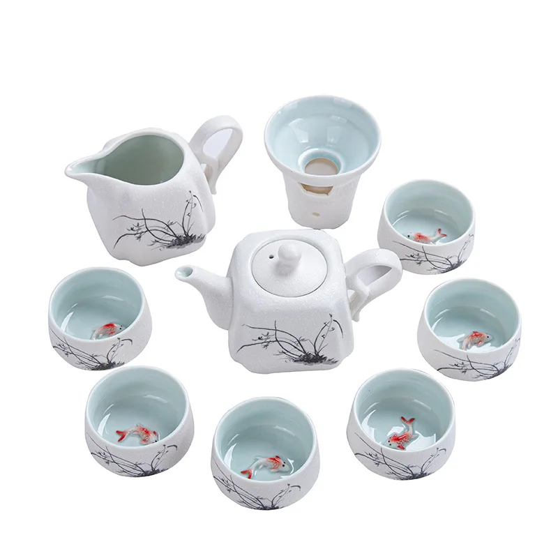 طقم شاي ندفة الثلج طقم شاي الكونغ فو الكامل هدية السمك لكل سنة مكتب الاستخدام المنزلي إبريق الشاي