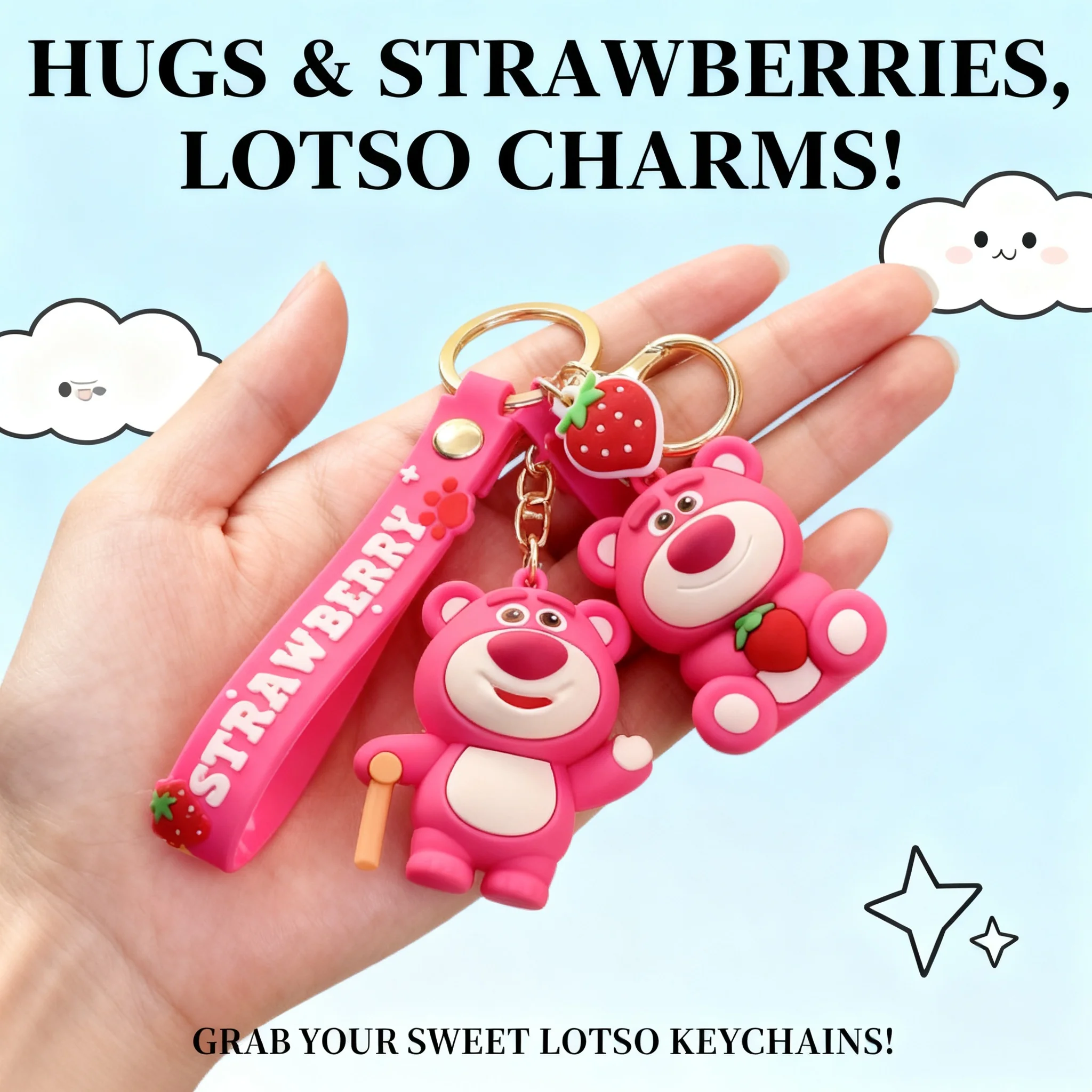

Strawberry Puff Bear Keychain New Cute Soft Silicone Plush Toy Backpack Charm Girls Exquisite Doll Pendant Wholesale
