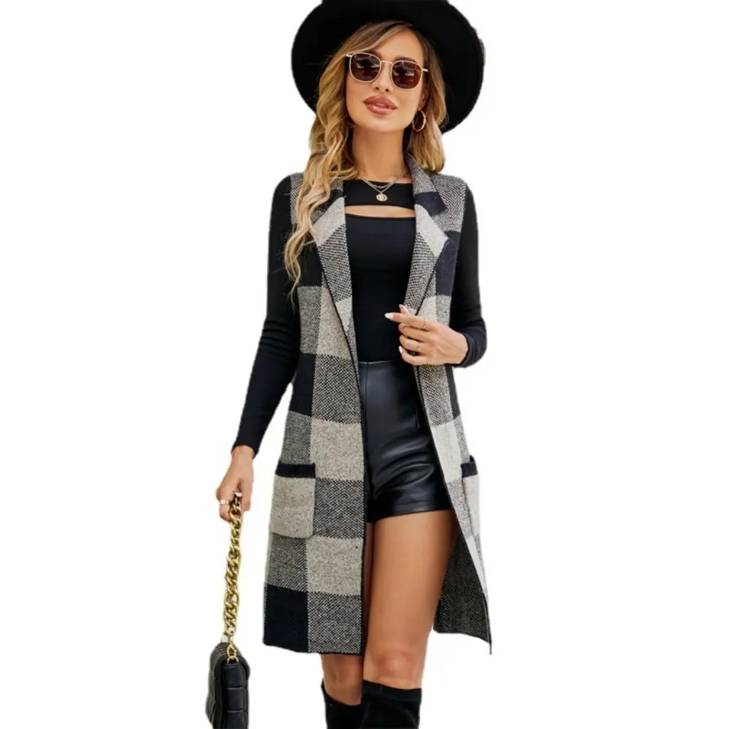 

Women's Long Collar Sleeveless Sweater Jacket Plaid Jacquard Knitted Vest Outer Cardigan Explosions Style Fashion