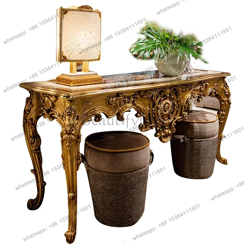 Palace French color shell entrance table villa luxury gold foil solid wood carving entrance table