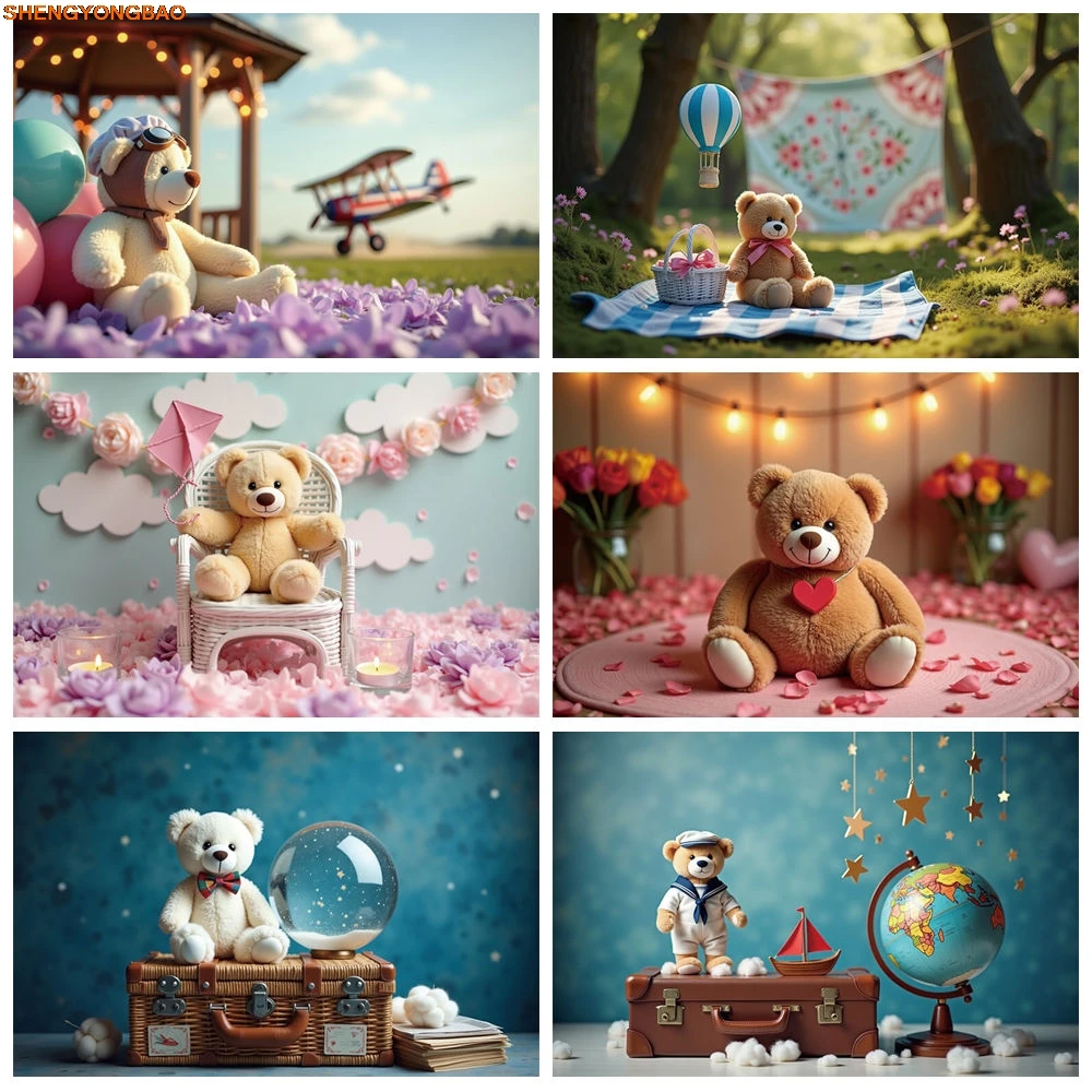 

Baby Shower Birthday Teddy Bear Background Photography Flower Trees Balloon Party Decoration Cake Smash Photo Backdrop