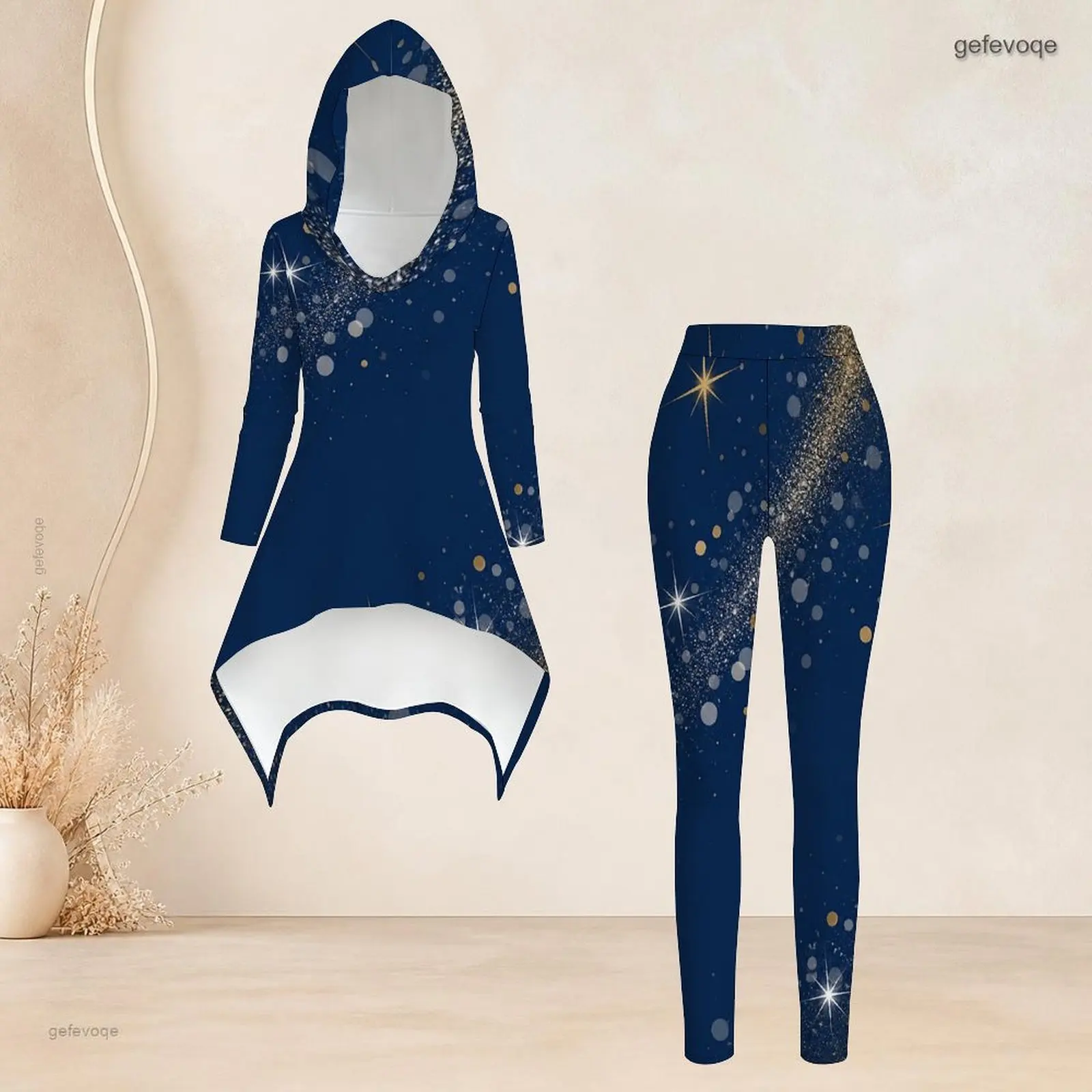 Women Navy Blue Starry Sparkle Printed Hooded Long Sleeve High Low Top And Leggings Two Piece Set