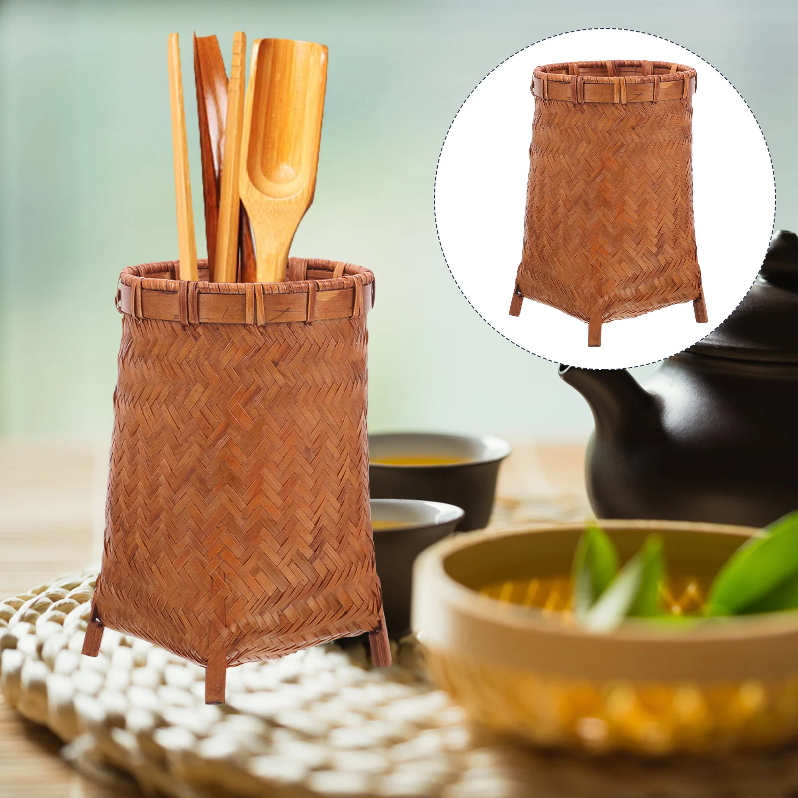 Bamboo Woven Pen Holder Retro Style Multi Functional Desk Organizer Tea Clips Holder Makeup Brush Pot Stationery Storage