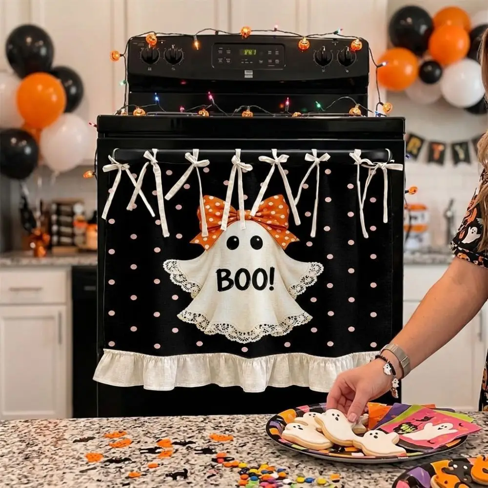 Seasonal Halloween Tie Oven Cover Curtain Pumpkin Ghost Maple Leaf Dishwasher Bow Decor Curtain Handmade Farmhouse