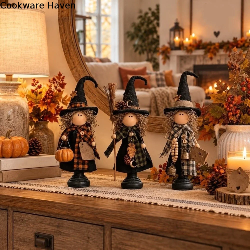 3/4 pcs Wooden Halloween Witch Ornaments Home Decor Rustic Fall Scarecrow Statue 2D Flat Autumn Harvest Halloween Decoration