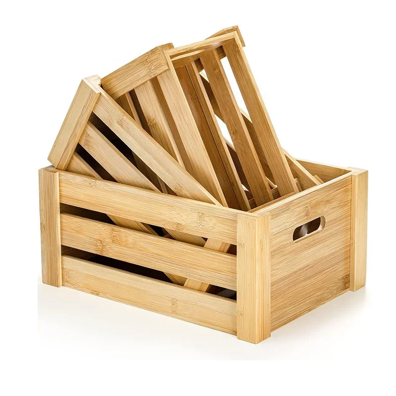 Rustic Open Top Wood Storage Box Set of 3-Decorative Nesting Bin with Handles for Home Organization & Decor