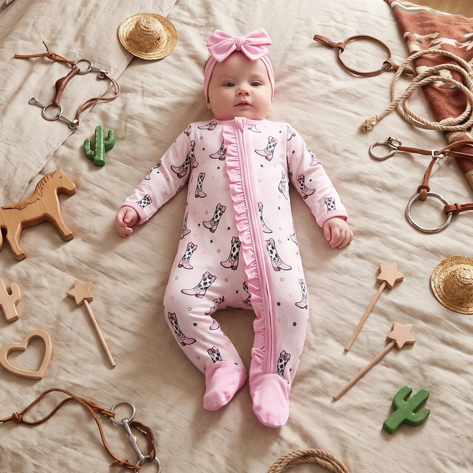 Baby Girls Outfit Long Sleeve Crew Neck Boots Print Footies and Headband
