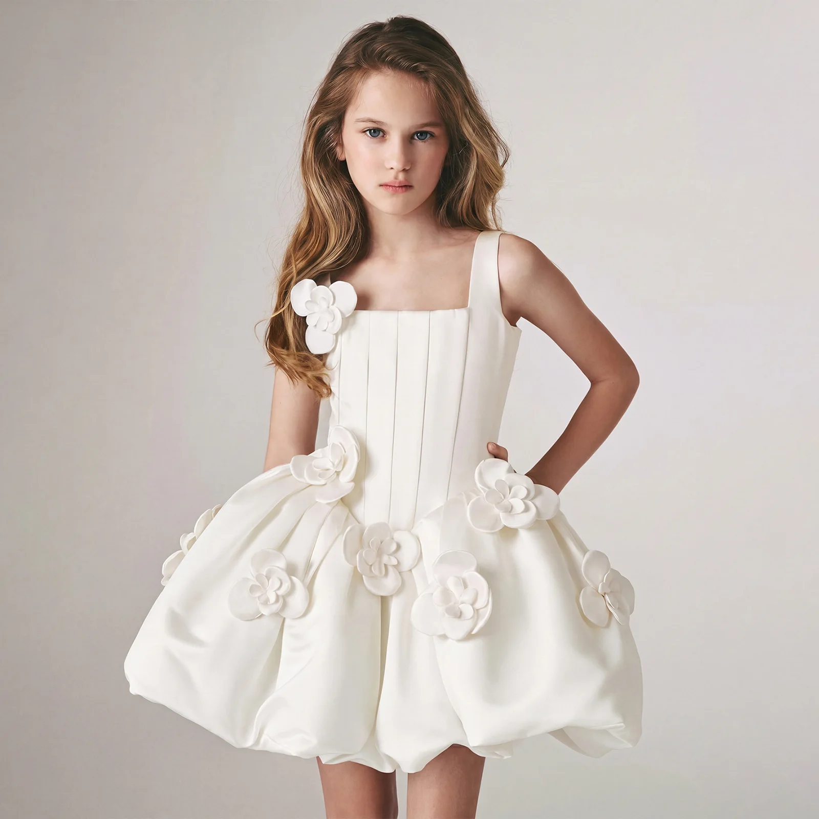 New Summer Fashion Girls Princess Dress 3D Flower Decoration Spaghetti Strap Dress For 1-10 Years Kids Children Birthday Present