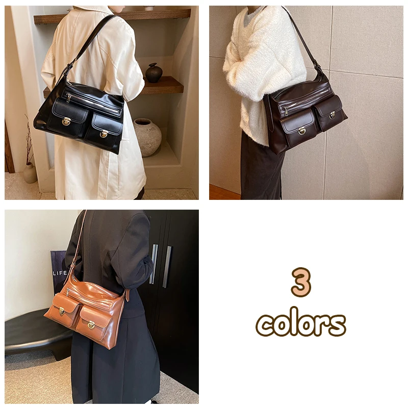 Vintage Womens Bag Black Pu Leather Shoulder Bag Large Capacity Hand Bag Zip Crossbody Bag Shoulder Tote Autumn and Winter
