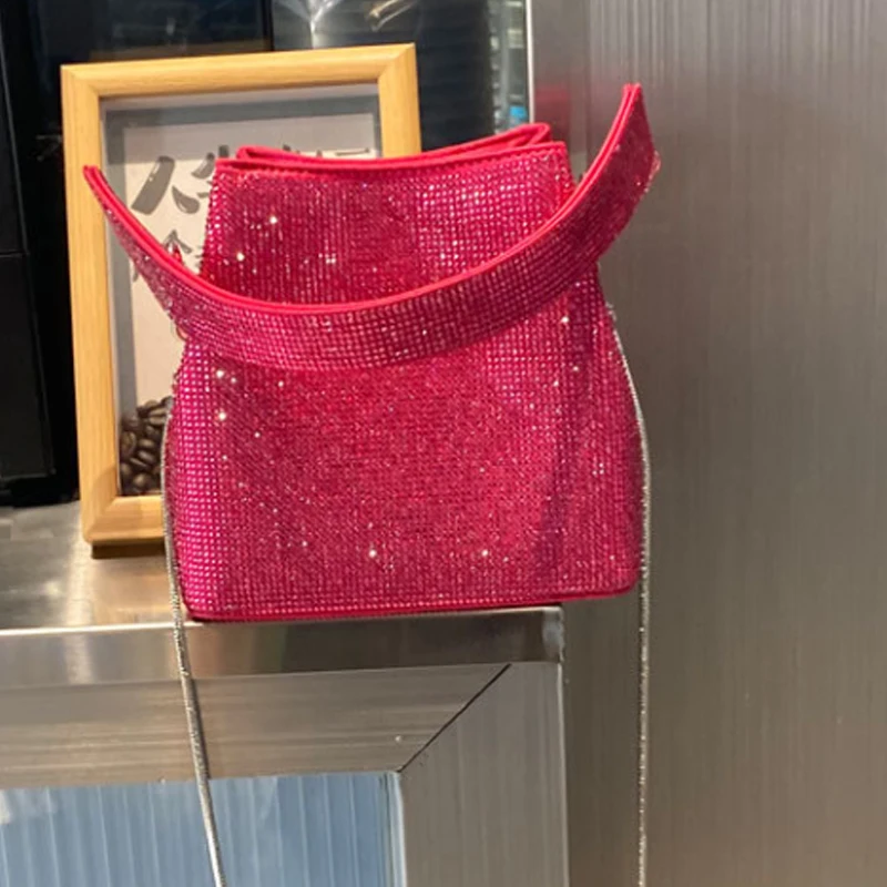 Luxury design rose red crossbody bag 2024 new diamond handbag bucket bag versatile shoulder bag