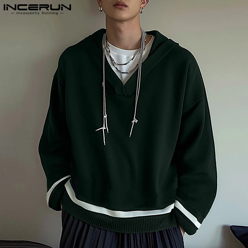 Men Causal Loose Hooded Sweatshirts 2024 Casual Long Sleeve Hoodies INCERUN Stripe Splicing Commuting Harajuku Tops Pullovers