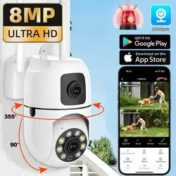 8MP WIFI Kamera Gözetim IP Kameralar Çift Lens Kablosuz Renkli Gece Görüşü 8X Dijital Zoom CCTV Gözetim Su Geçirmez Kamera