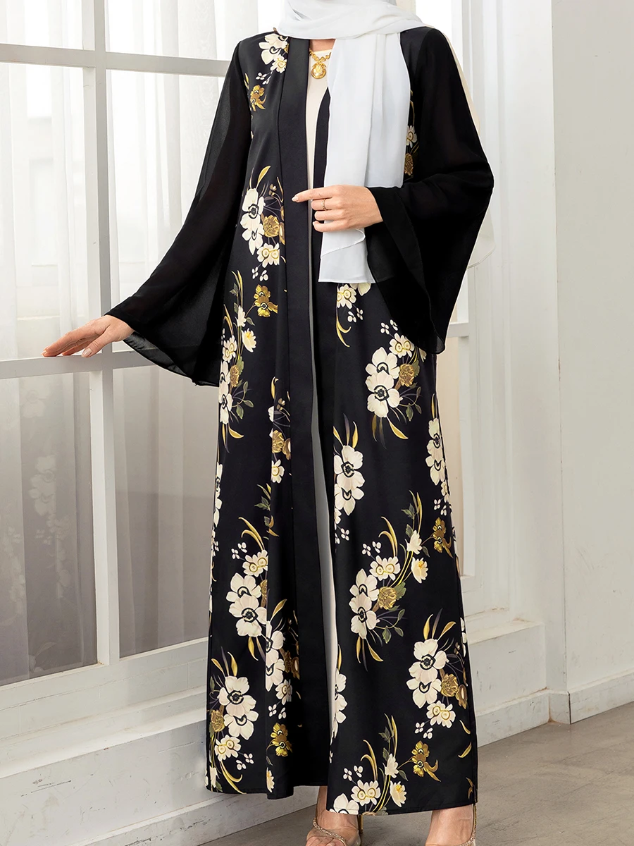 Elegant Floral Print Maxi Dress with Long Sleeves and Flowy Cardigan - Perfect for Spring and Summer Wardrobe