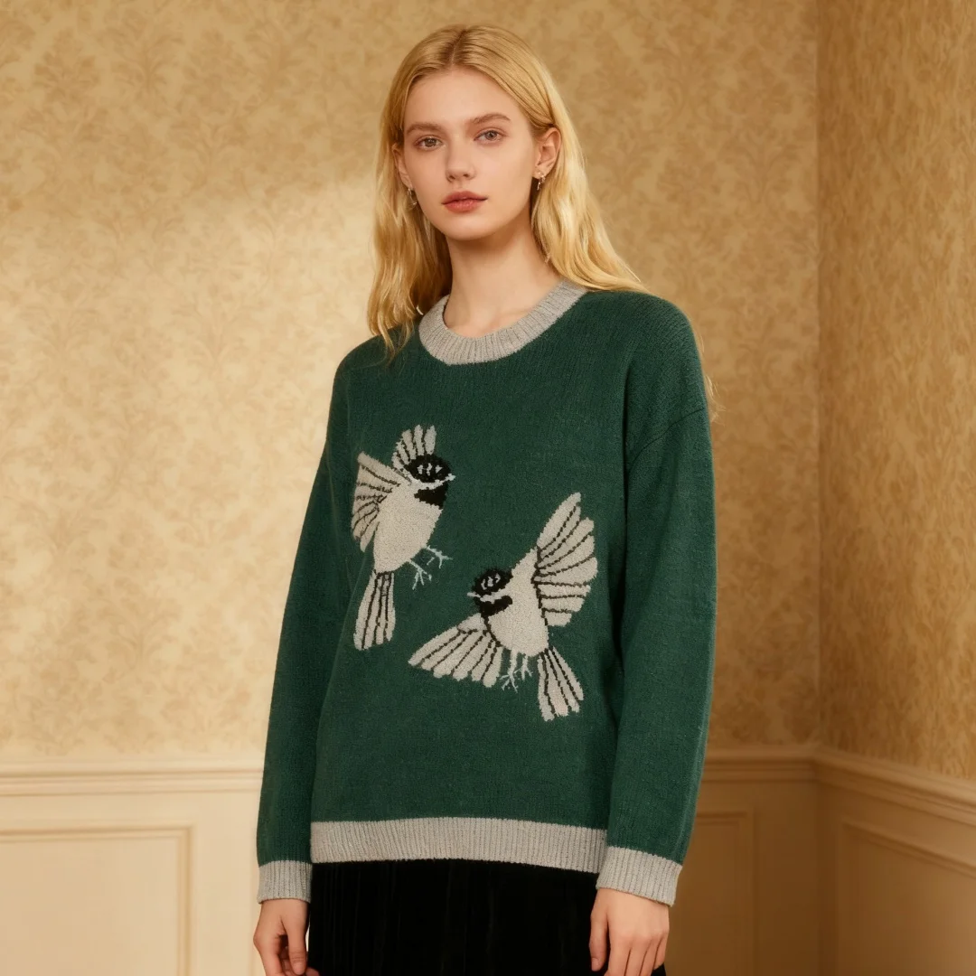 Maglione lavorato a maglia retrò verde uccello da donna girocollo manica lunga top autunnale in stile innovativo alla moda