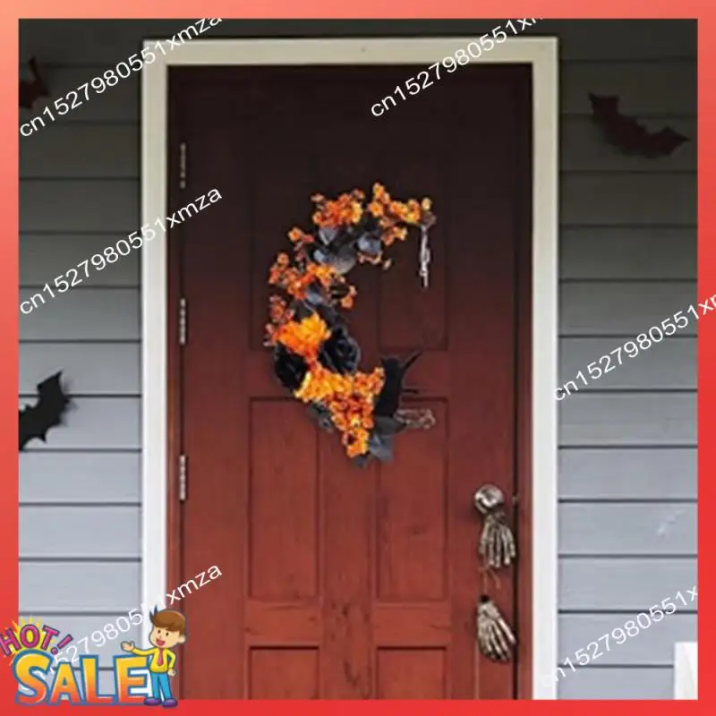 ABCL Halloween Moon Door Wreath Light-Up Cat Garland With Black Rose&Yellow Flowers For Front Door Favor