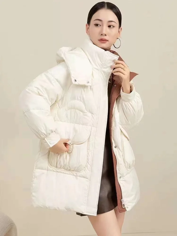 Women's Down Jacket, Warm Coat, Fluffy Slim Parkas, High-end, Versatile Fashion, False Two-Piece Down, Winter, New, 2024