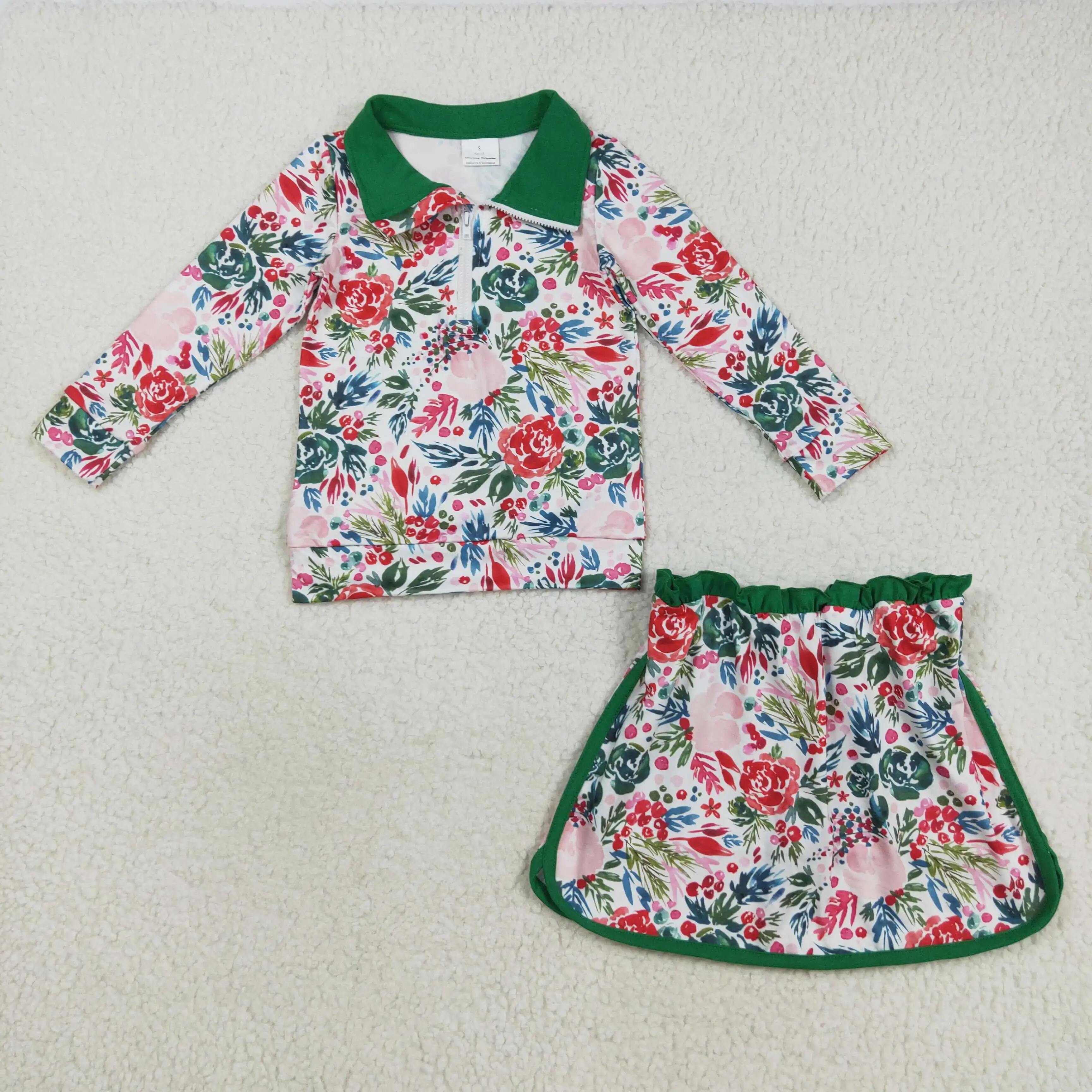 

Baby Girls Long Sleeves Green Floral Zip Pullover Top Skort Set Floral Print Comfortable Cotton Clothing for Little Girls