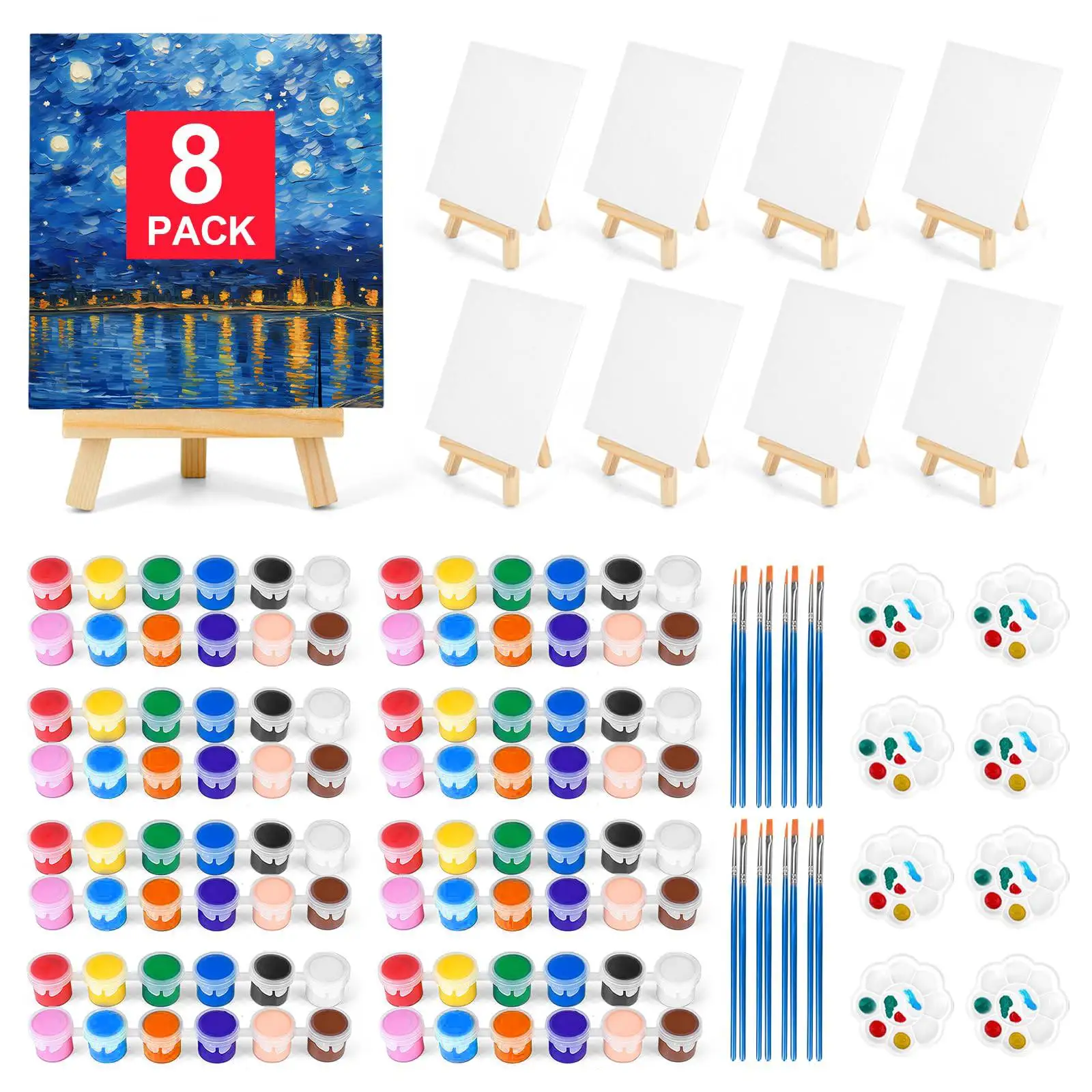 

56PCS Painting Set With Easels, 8 Wood Easels, 8 Canvas Drawing Boards, 16 Brushes, 16Acrylic Paint And 8 Paint Tray