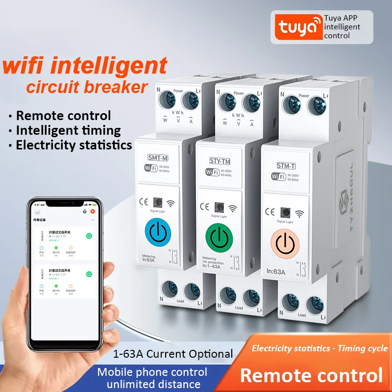 TuyaWifi Smart Circuit Breaker Din Rail remote control Smart Home Kwh Metering Monitoring Timer Relay Voltage Current Protection