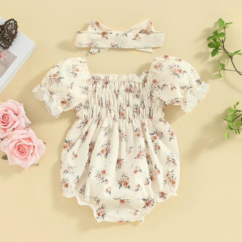 

Adorable Baby Girl Floral Romper with Lace Trim and Puff Sleeves Square Neckline Bow Headband - Infant Toddler Summer Outfit