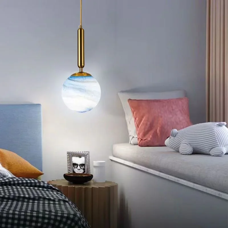 

Modern blue/brown moon ball chandelier E14 Nordic glass light restaurant bar bedroom living room bedside hanging lamp with bulb