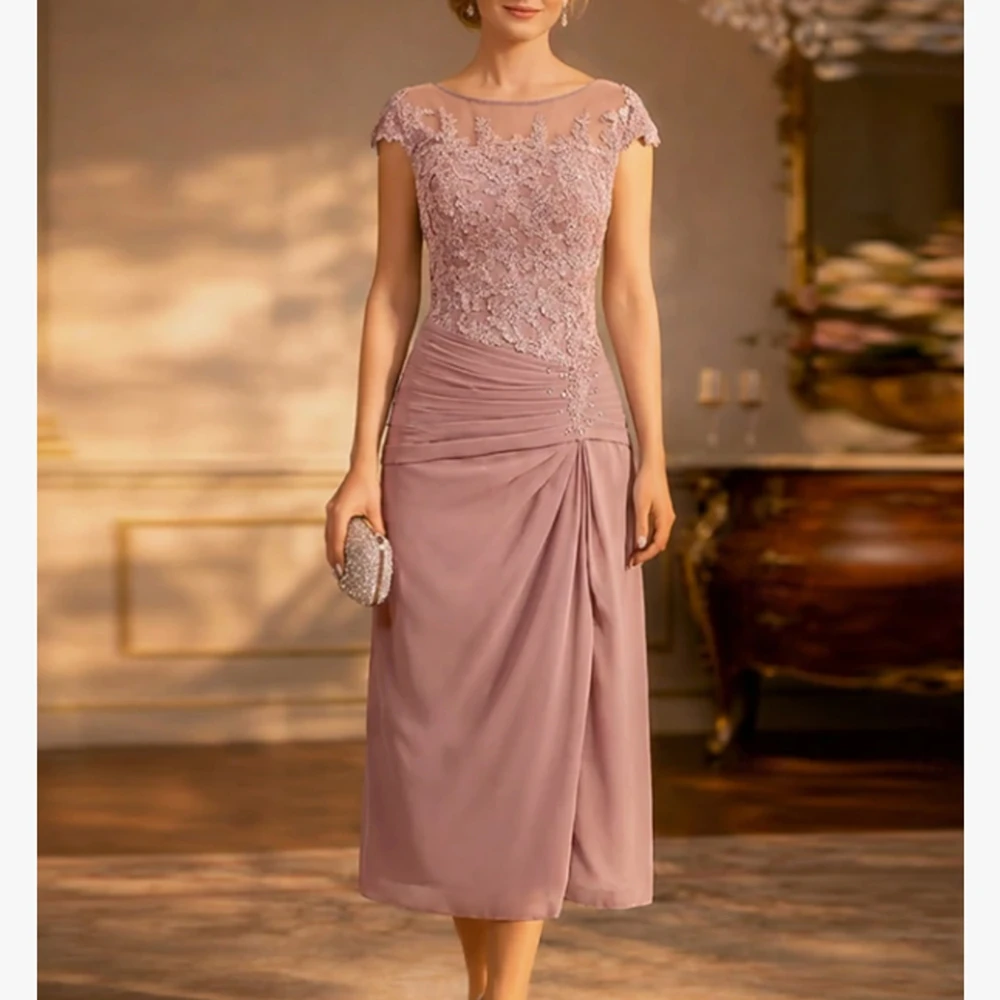 

Customized Elegant Midi Beads Mother of the Bride Dresses Boat-Neck Tea-Length Straight Wedding Guest Party Groom Dress 2026