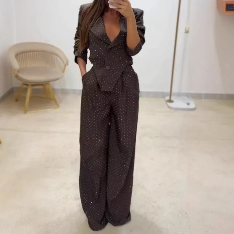 

Women's Suit Diamonds Shiny Elegant Turn-down Collar Button Irregular Top & High Waist Pants Sets Long Sleeve 2025 Autumn Outfit