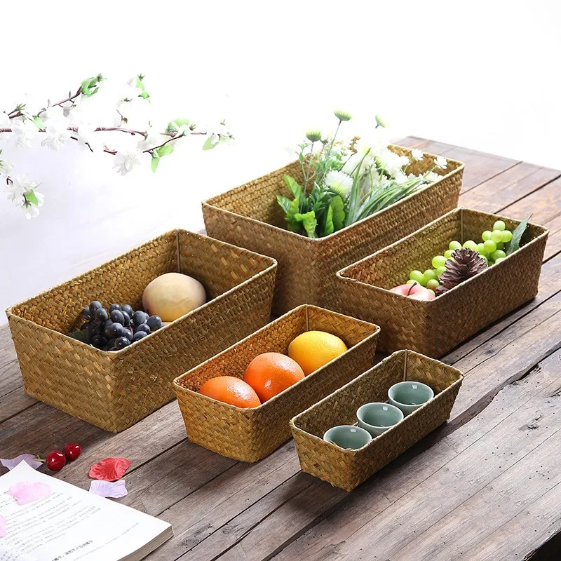 Natural Handmade Storage Baskets Desktop Rectangle Wicker Basket Sundaries Gadgets Storage Container Home Decorative Organizer