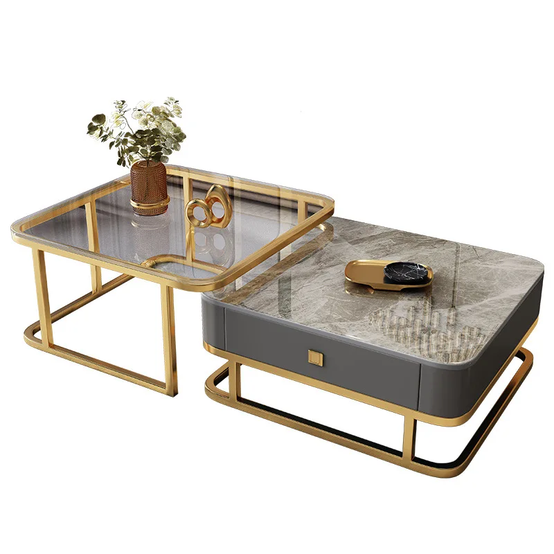 Cheap new Chinese stainless steel 2 pieces combination glass low coffee table living room rock plate coffee table