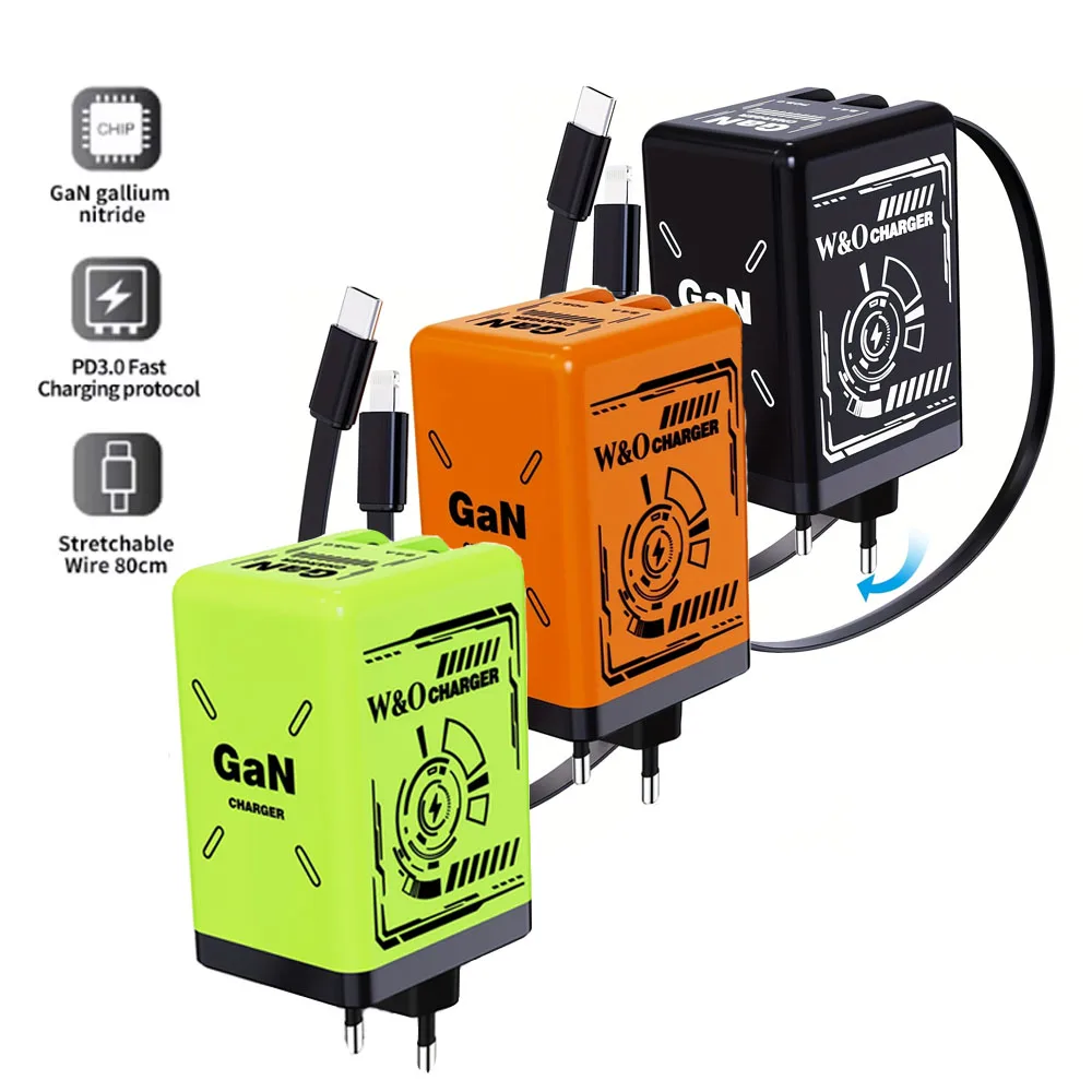 GaN-Schnellladegerät PD3.0 PPS Schnellladung mit einziehbarem Typ-C-Kabel 3-in-1 Universal-Ladegerät für Handy Android iPhone Tablet