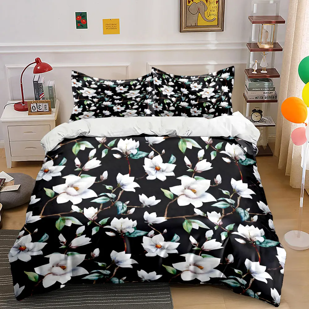 

White magnolias with green leaves Print Bedding Set 1 Duvet Cover 2 Pillowcases for Adult and Children Luxury Gift Full Size