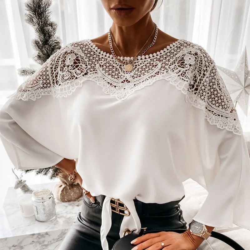 Vintage Lace Crochet Floral White Shirt Women Casual Loose Hollow Out Sexy Shirts for Women Long Sleeve Ladies Tops Blusas 12459