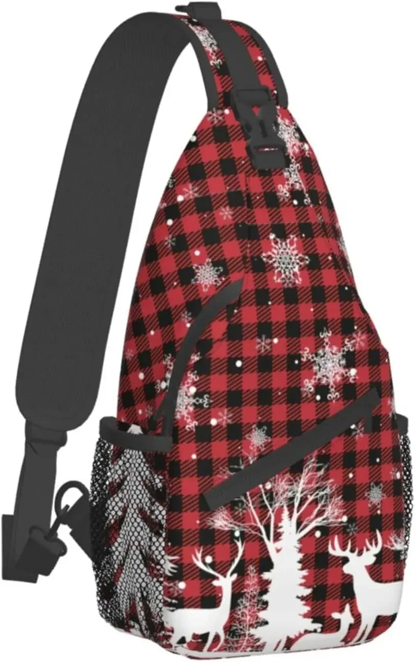 Bolsos de pecho de Feliz Navidad rojo tartán, bandolera de Navidad, mochila de viaje para senderismo, mochila de hombro informal para mujeres y hombres