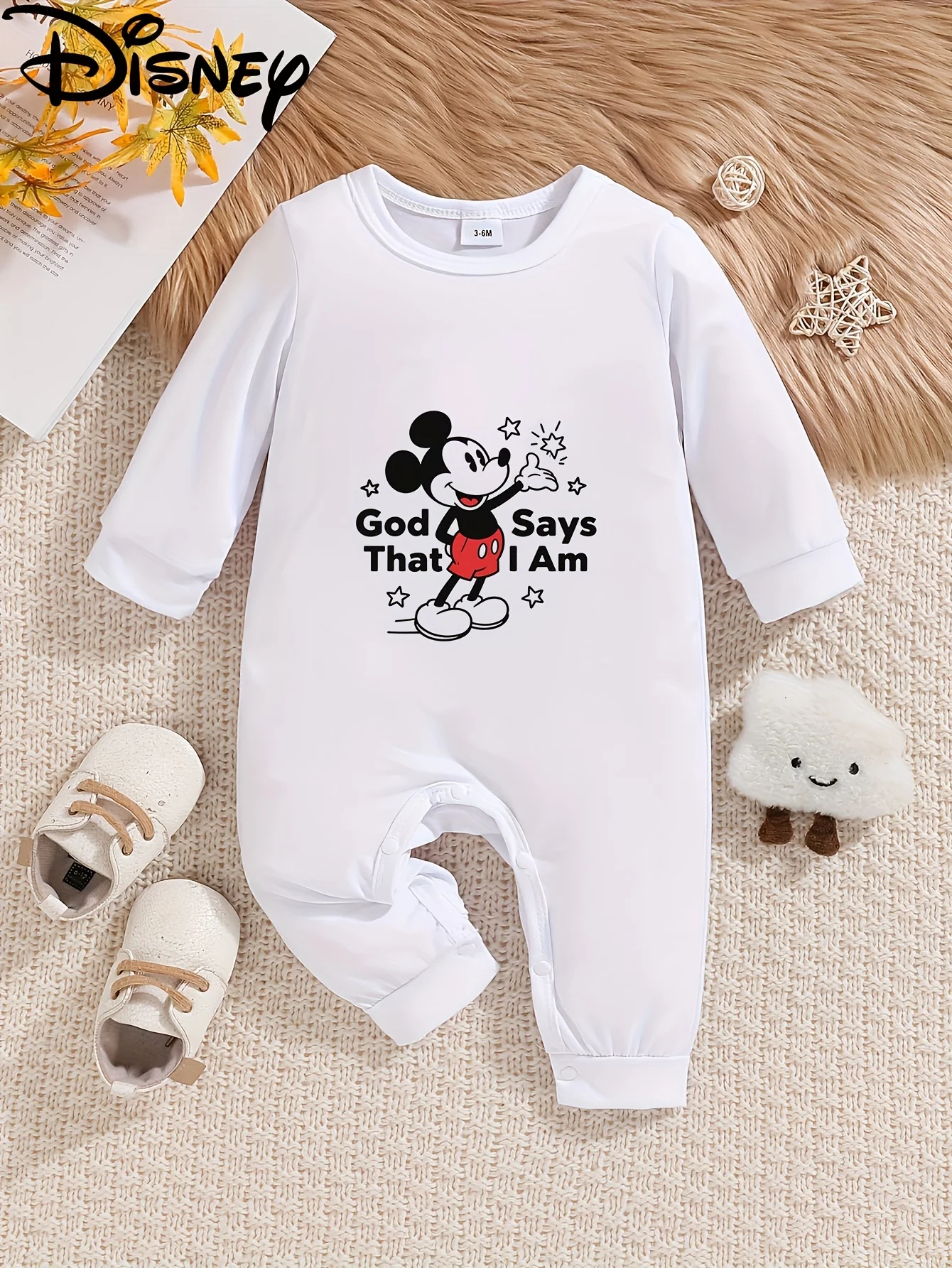 

【Authorized】Disney Mickey Mouse Baby Long-Sleeve Romper, Cute Pattern Print, Round Neck, Soft and Comfortable, Machine Washable, Suitable for All Seasons, Suitable for Outdoor Wear