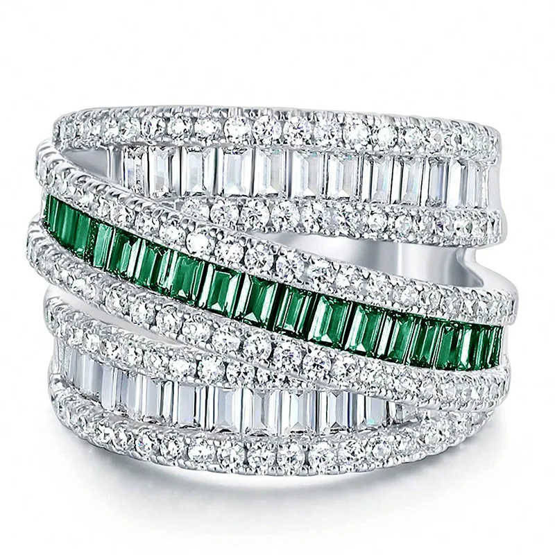 Anillo de Oro Blanco de 14K con Esmeralda de Laboratorio y Diamantes, Anillo de Boda para Mujer y Hombre, Joyería de Compromiso, Regalo
