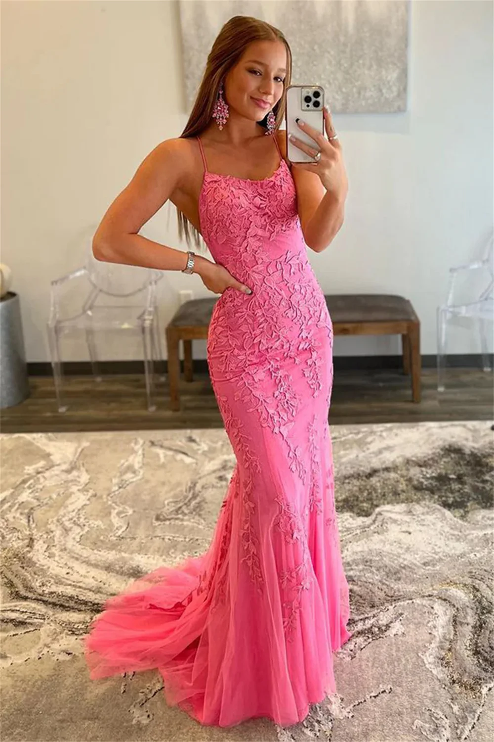 Bella Mesh Spaghetti Strap Backless robes de soirée Mermaid Floor-Length Evening Dresses O Neck Valentines Day Wedding Dress