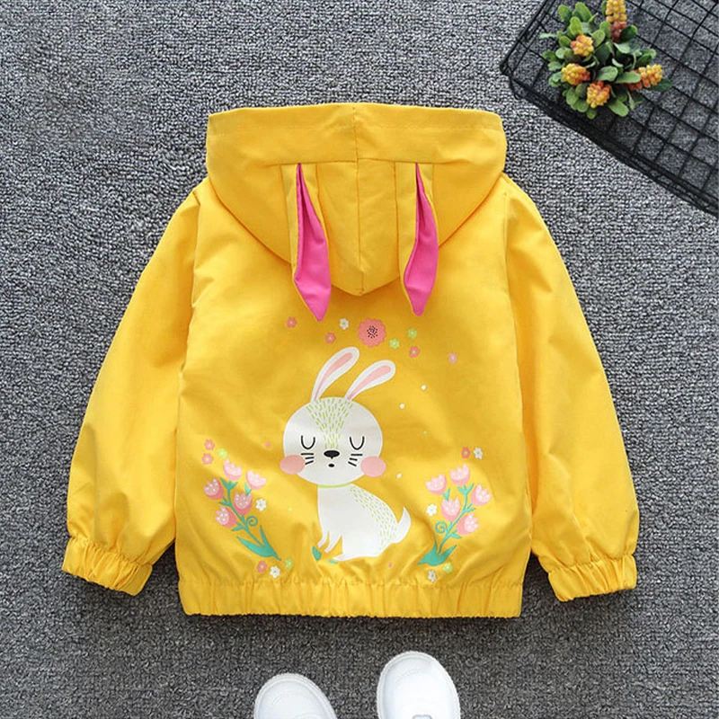 Children\'s Spring Cartoon Jacket Girls Cute Rabbit Ears Pattern Casual Coat Autumn Fashion Hooded Short Outerwear 9M-6Y