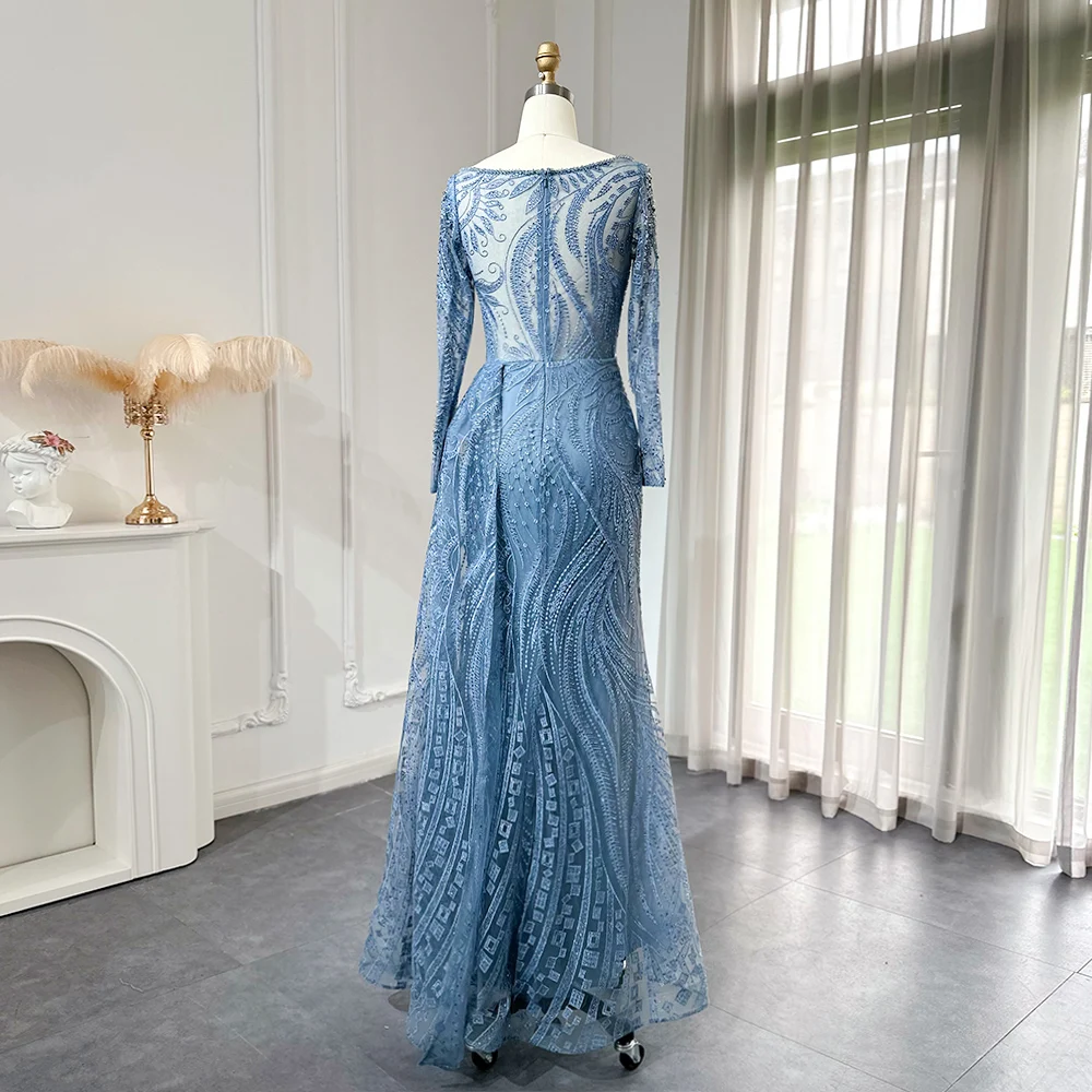 Sharon Said Luxuriöses Blaues Abendkleid mit Boot-Ausschnitt, Langen Ärmeln, Meerjungfrauen-Schnitt, Bodenlang, für Formelle Anlässe und Partys, SS141, Maßanfertigung – Detail 8