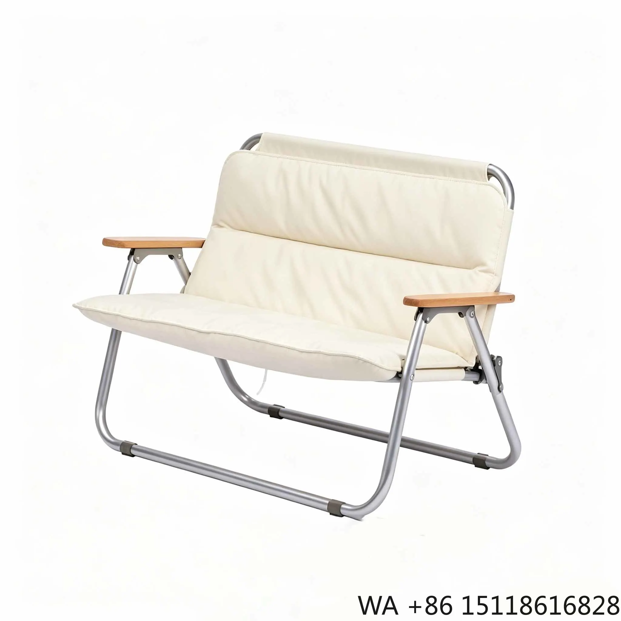 Folding 2-Seat Camping Chair with Wood Armrest, Portable Outdoor Chair for Picnic & Fishing