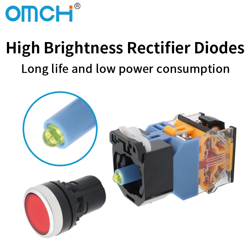 OMCH LA38-11D/LA38-DZS Flat Button Switch with Light 22mm Self-resetting Self-locking AC220V AC380V DC12V DC24V Control Button