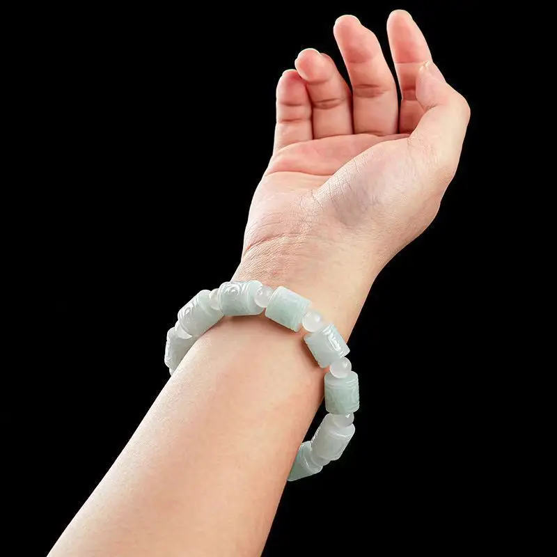 2026 New Natural Burmese A-grade Jade Carved Bucket Beads Passepartout Bracelet Ice Jade Bracelet