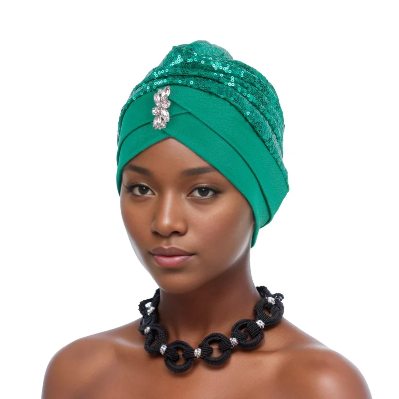 2024 New Sequins Turban Cap for Women Fashion Lady Head Wraps Muslim Headscarf Bonnet