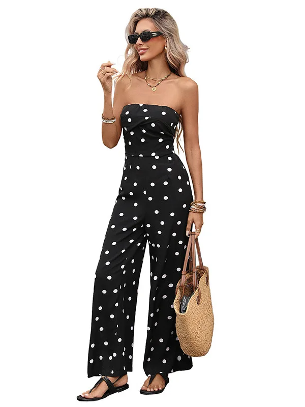

French Strapl Polka Dot Jumpsuit Women's Holiday Tummy Control Long Pants High Waist Thin Fabric No Brand Summer 2026