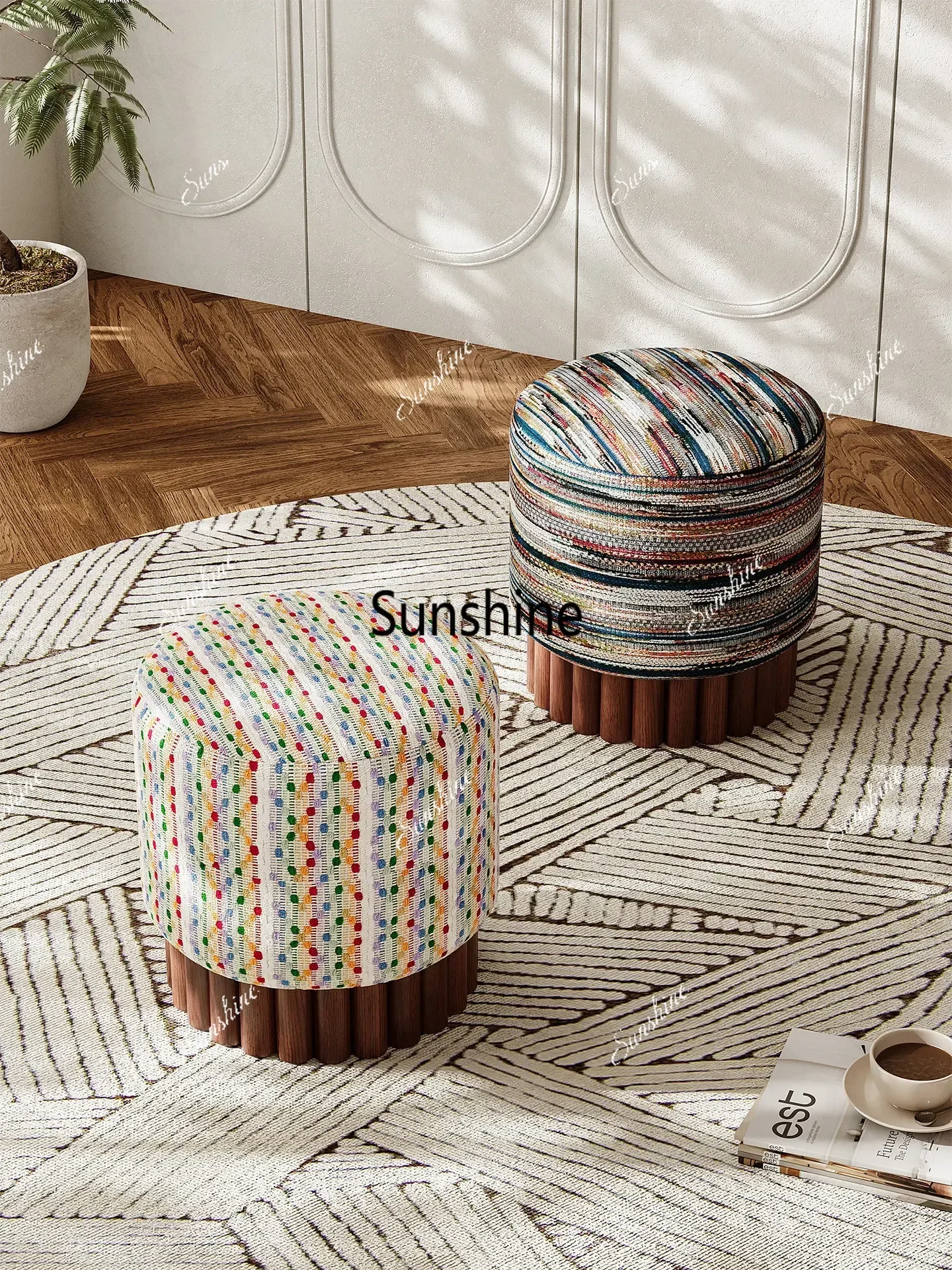 F Retro Chinese Style Solid Wood Round Stool Fabric Upholstered Entryway Shoe Bench Wabi Sabi Hallway Low Dressing Vanity Stool