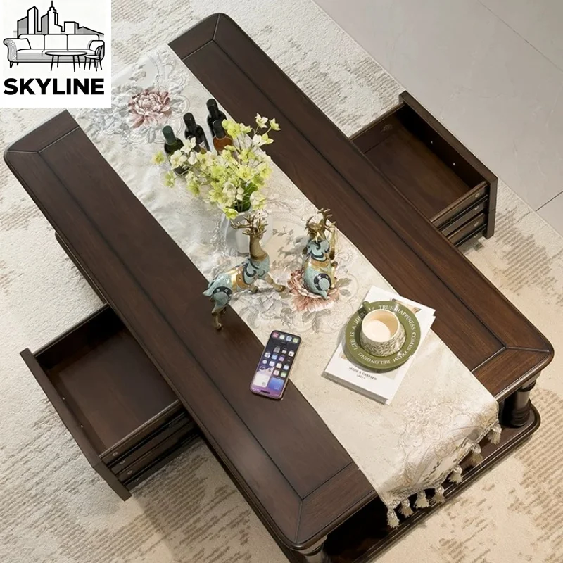 Solid Wood Coffee Table Set, Walnut Storage TV Cabinet for Apartment Living Room