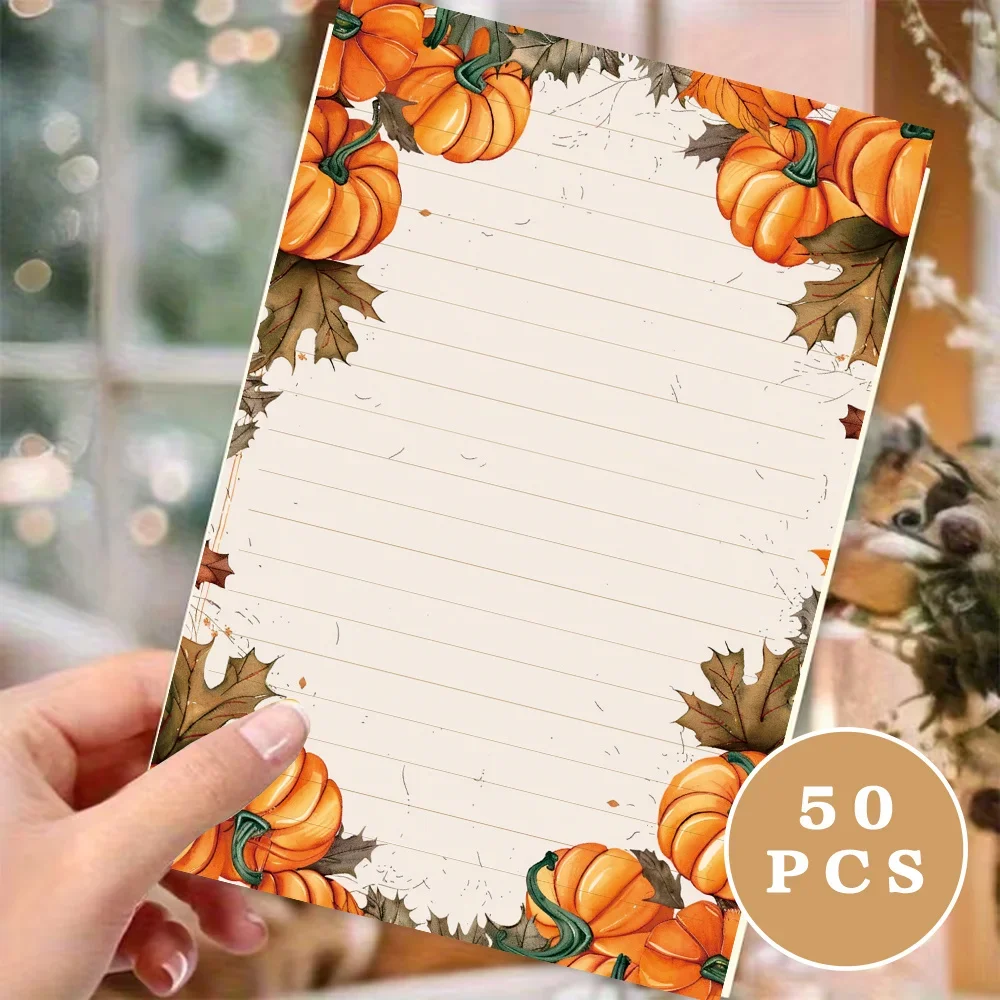 50 Sheets,Retro Pumpkin -themed Writing Paper, Lined, Glue-free, Perfect For Notebooks, Memos, And Stickers