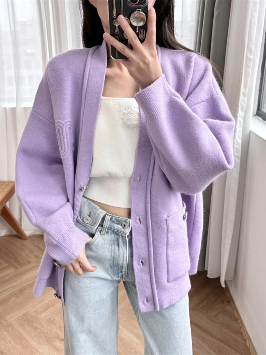 Faionable violet clair tricoté ouvert Cardigan coupe ample printemps 2025 Quali brodé femmes longue Sve v-ne pull
