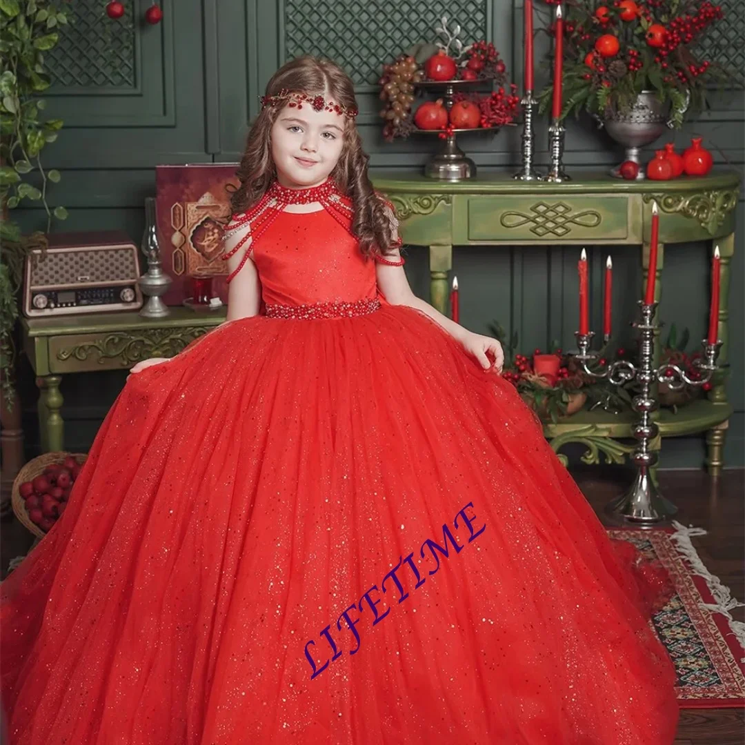 

Wedding Beading High Neck Princess Flower Girl Dress Sleeveless Long Ball Sequined Shiny First Communion Dress Customized