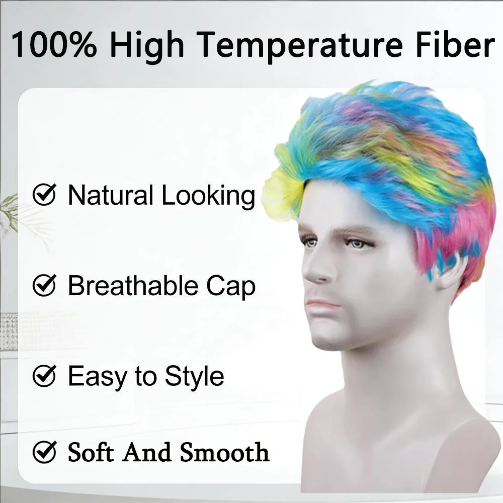 Rainbow Full Head Wig Men Short Curly Wig Multicolor Heat Resistant Synthetic Hair For Carnival Halloween Cosplay Daily view 5
