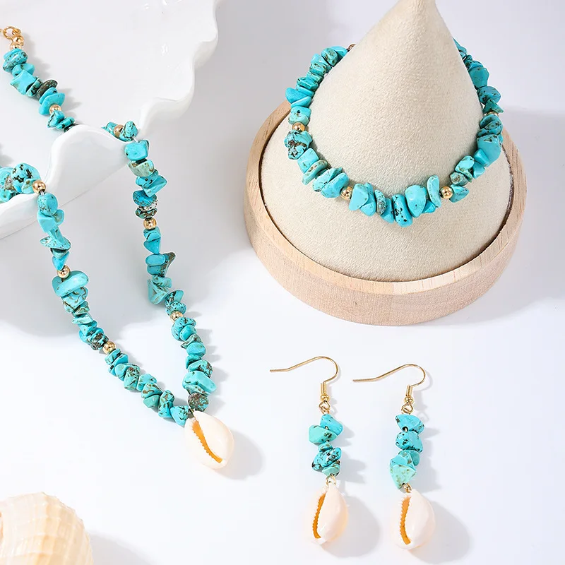 3PCS Bohemian Jewelry Accessories Women's Turquoise Beaded Earring Bracelet Symmetric Stone Snail Pendant Necklace Seaside